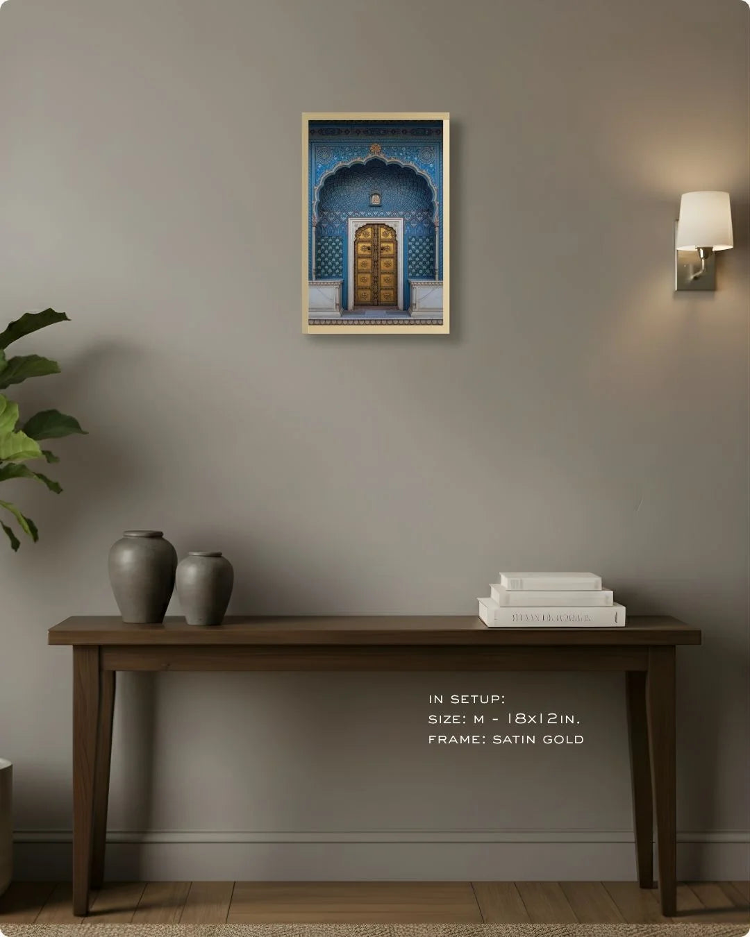 Small (Size S - 12x8in) royal blue heritage doorway print in a Satin Gold frame. Ideal as a refined accent piece or part of a gallery wall.