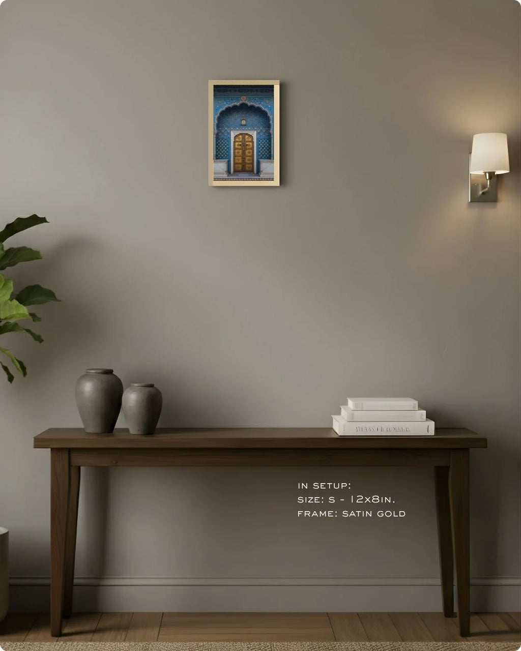 Extra Small (Size XS) mini blue heritage doorway print in a Satin Gold frame, showing how a small pop of royal color elevates a console.