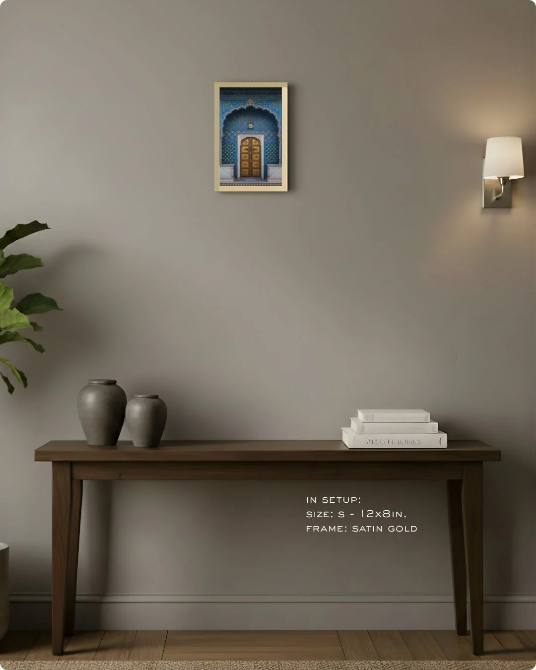 Extra Small (Size XS) mini blue heritage doorway print in a Satin Gold frame, showing how a small pop of royal color elevates a console.
