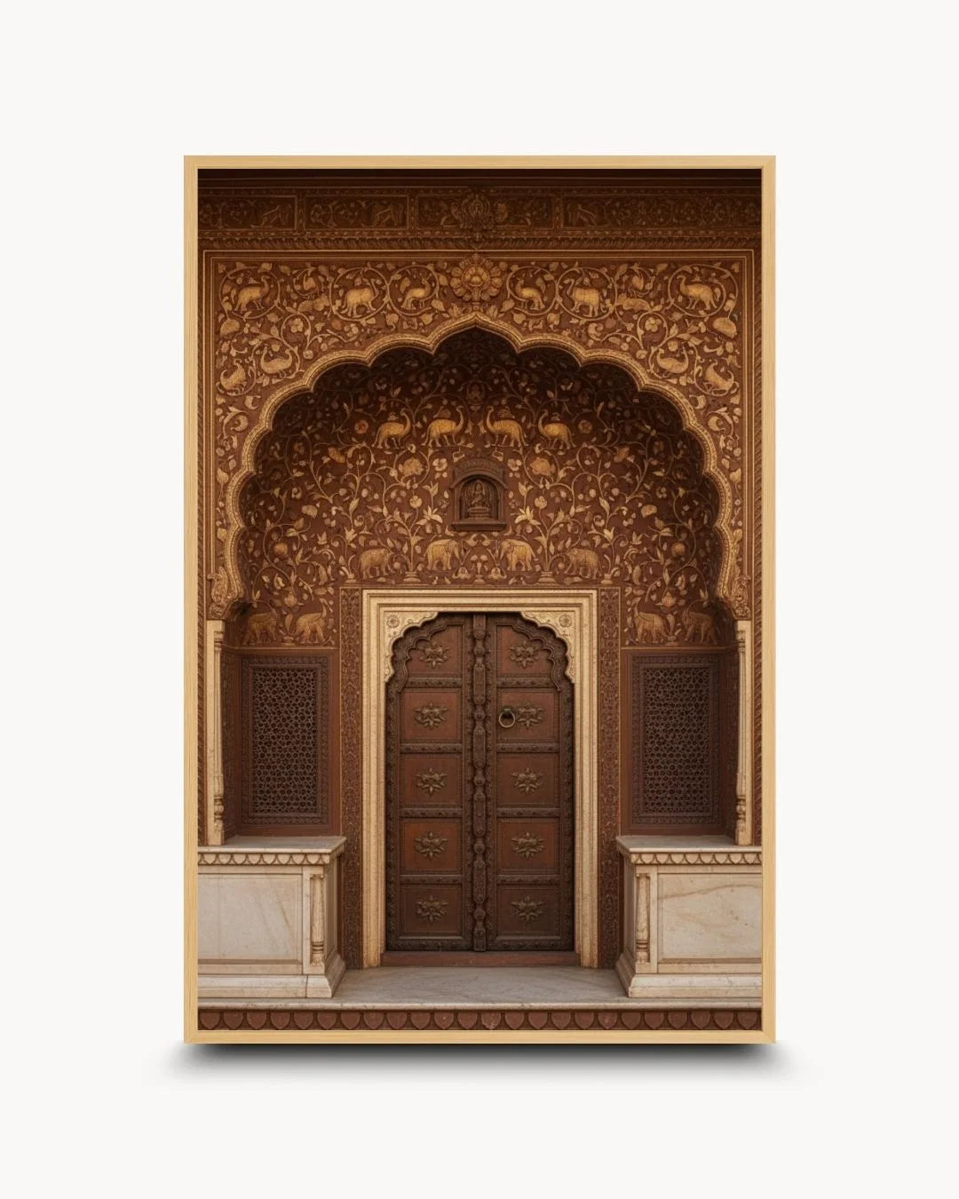 Organic modern styling of a traditional brown Indian doorway in a natural Maple Wood frame. Perfect for Japandi or warm minimalist decor.