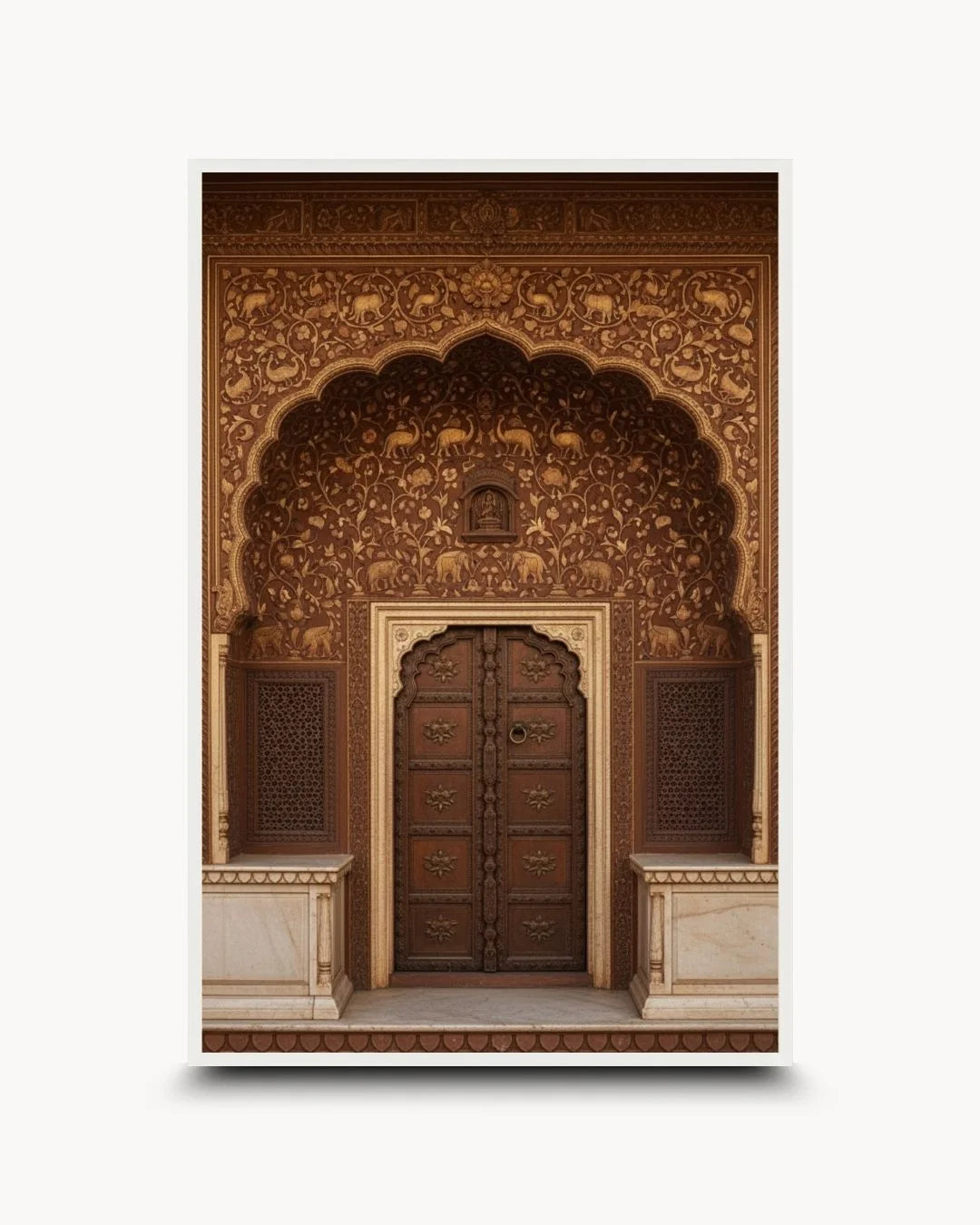 Culture: Entrance - ४ heritage doorway print in a Moon White frame. Airy, high-detail Indian architecture art for bright minimalist interiors.