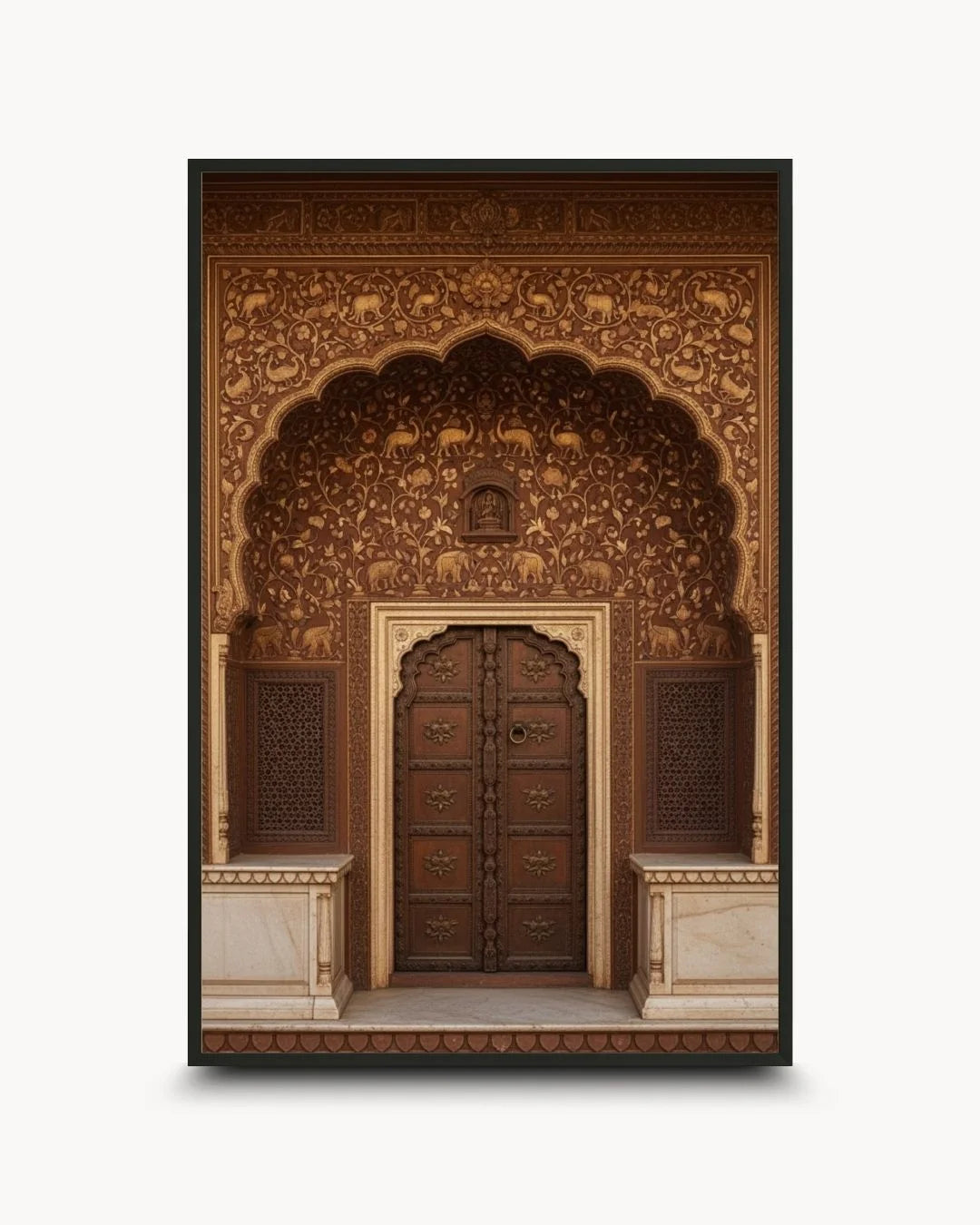 Intricate brown Indian heritage doorway with floral motifs in a 0.5-inch Noir Black frame by K2C Co.