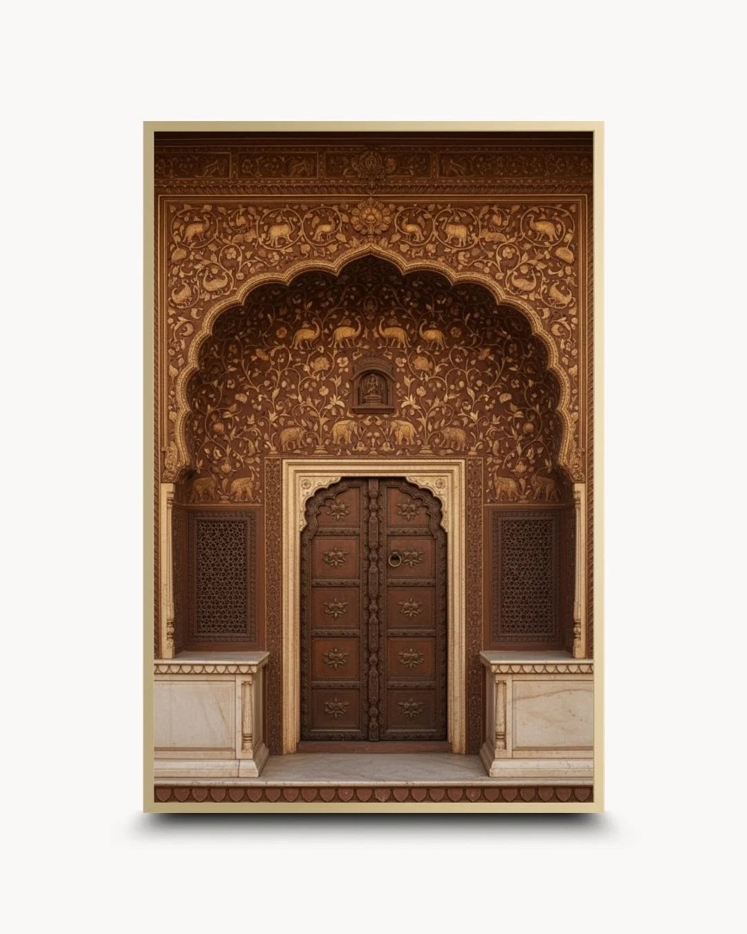 Elegant brown heritage door print in a Satin Gold frame. Premium architectural wall art for a high-end contemporary statement piece.