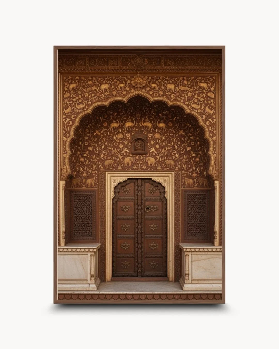 Culture: Entrance - ४ featuring a brown heritage door in a warm Walnut Wood frame. A sophisticated balance of heritage and mid-century modern design.