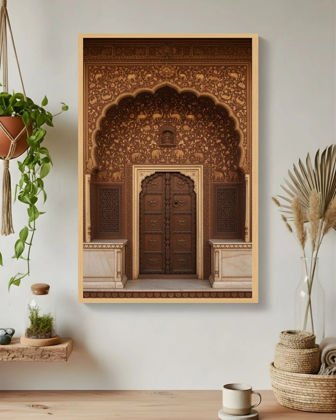 Culture: Entrance - ४ in a 0.5-inch Maple Wood frame, styled in an organic boho living space with hanging ivy and pampas grass.