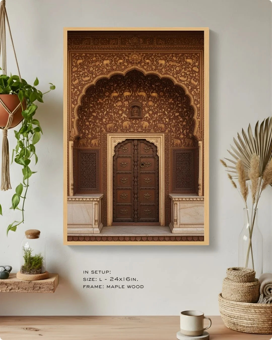 Close-up of the brown heritage door print in a Maple Wood frame, showcasing intricate floral carvings against a warm neutral wall.