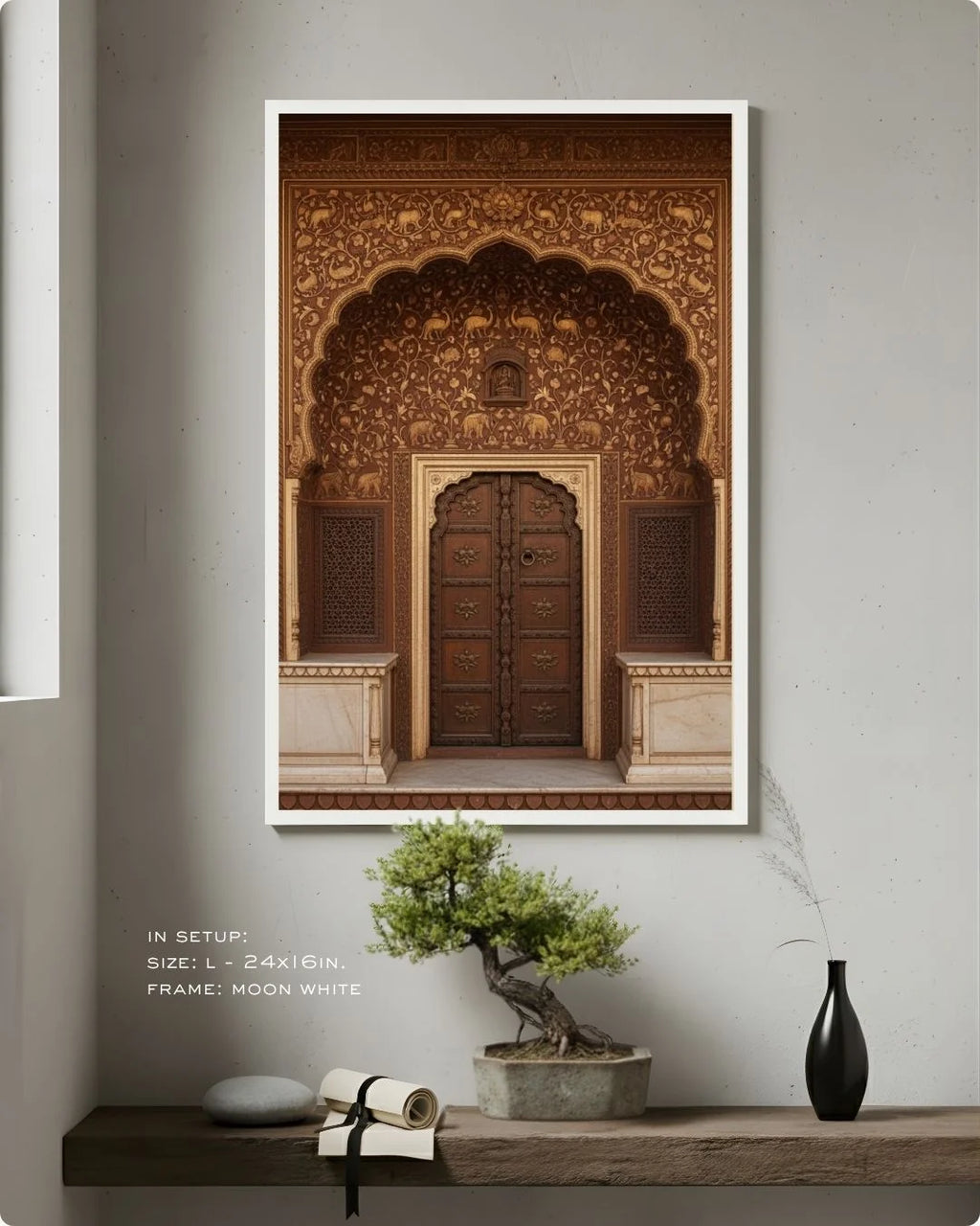 Culture: Entrance - ४ in a Moon White frame, styled on a minimalist wooden shelf with a bonsai tree for a Zen aesthetic.