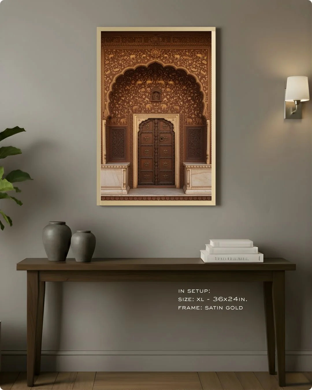 Large (Size L - 24x16in) brown heritage doorway print in a Satin Gold frame, styled above a dark wood console table for grand entryways.