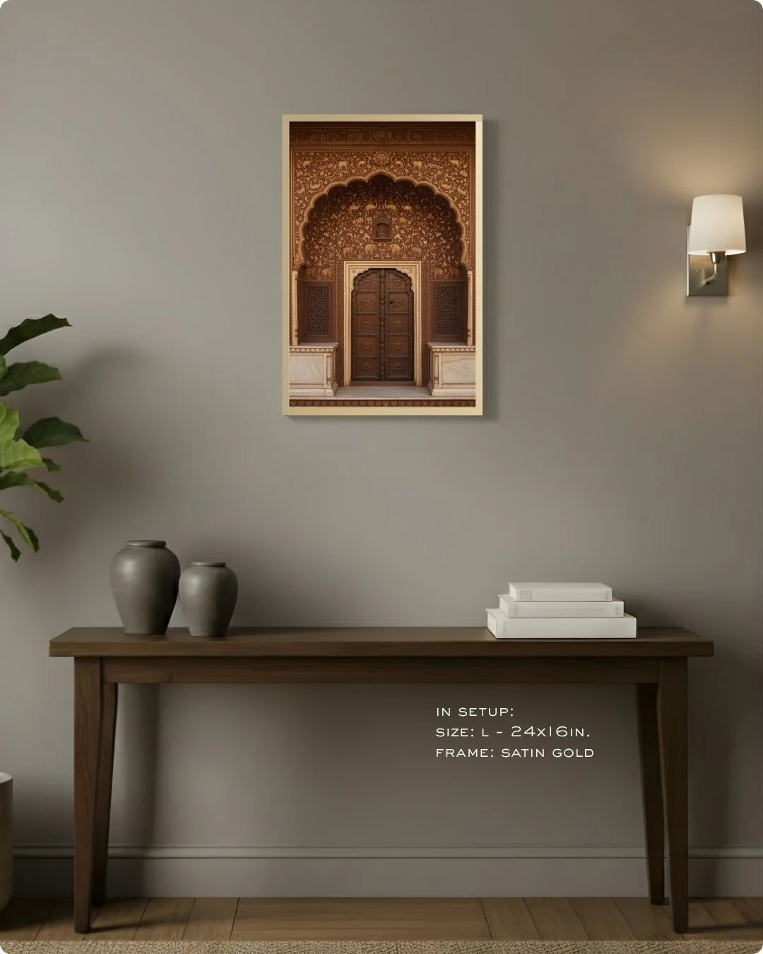 Medium (Size M - 18x12in) brown heritage doorway print in a Satin Gold frame, demonstrating the perfect scale for hallway decor.