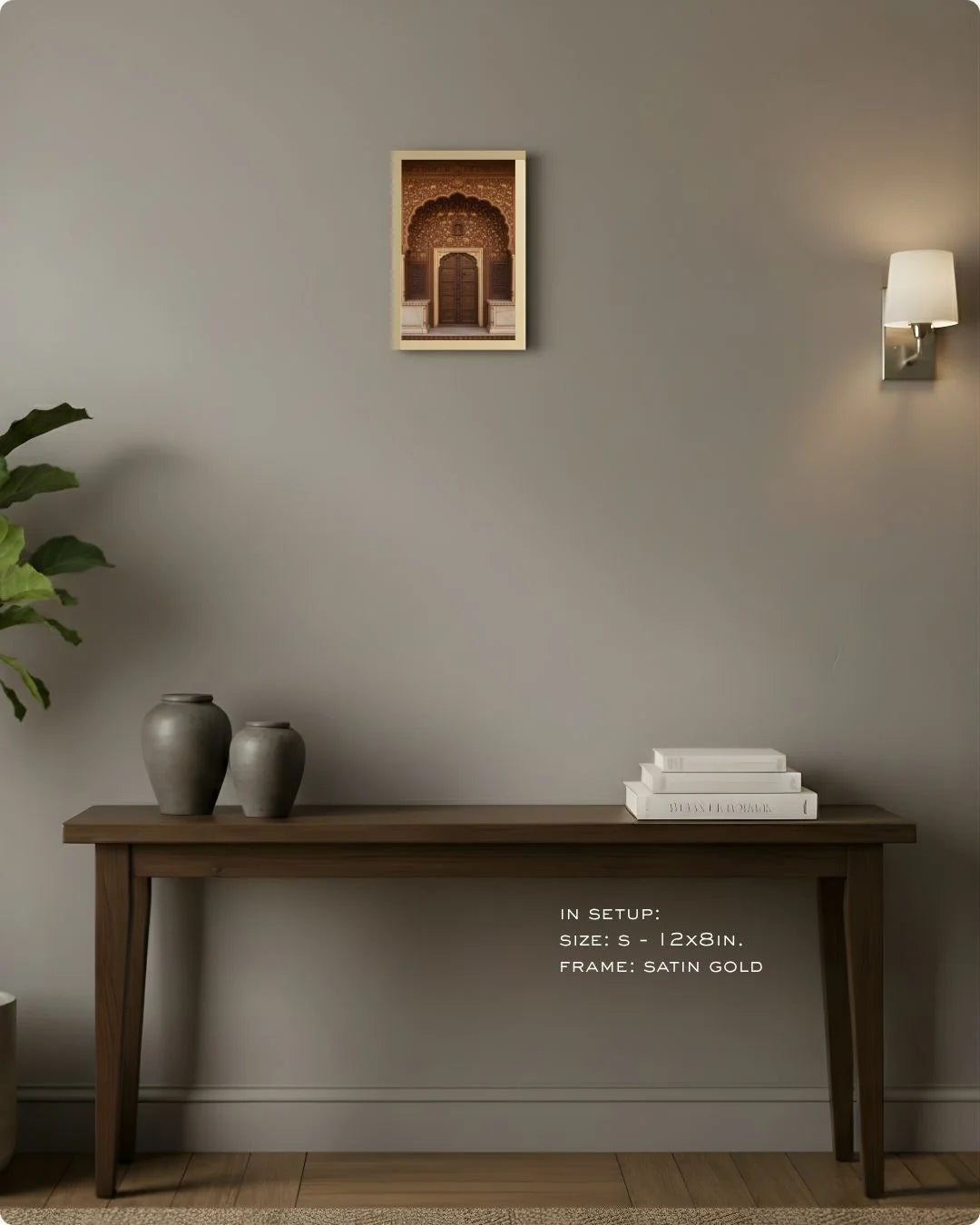 Extra Small (Size XS) mini brown heritage doorway print in a Satin Gold frame, showing how a rich, earthy pop elevates a console.