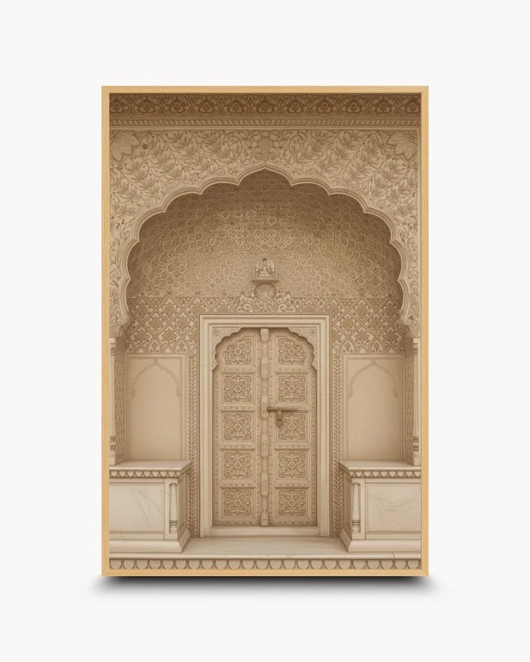 Organic modern styling of a traditional sandstone Indian doorway in a natural Maple Wood frame. Perfect for Japandi or warm minimalist decor.