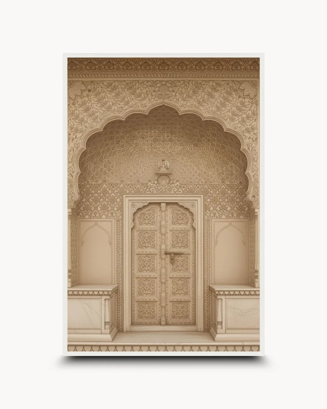 Culture: Entrance - ५ heritage doorway print in a Moon White frame. Airy, neutral-toned Indian architectural art for minimalist interiors.