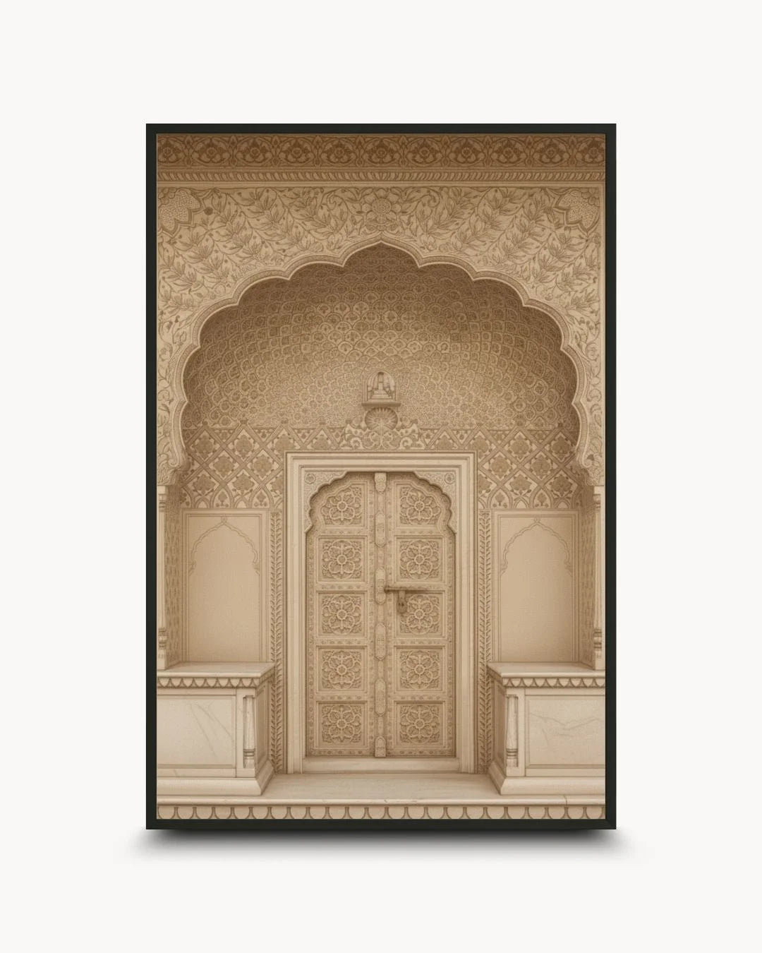 Intricate sand-colored Indian heritage doorway in a 0.5-inch Noir Black frame by K2C Co.