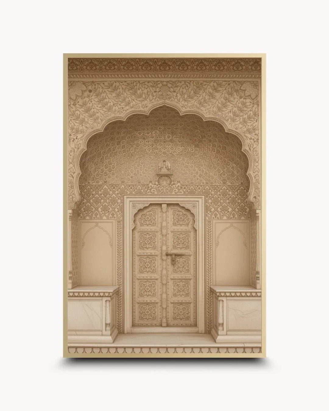 Elegant monochromatic heritage door print in a Satin Gold frame. Premium architectural wall art for a high-end contemporary statement.