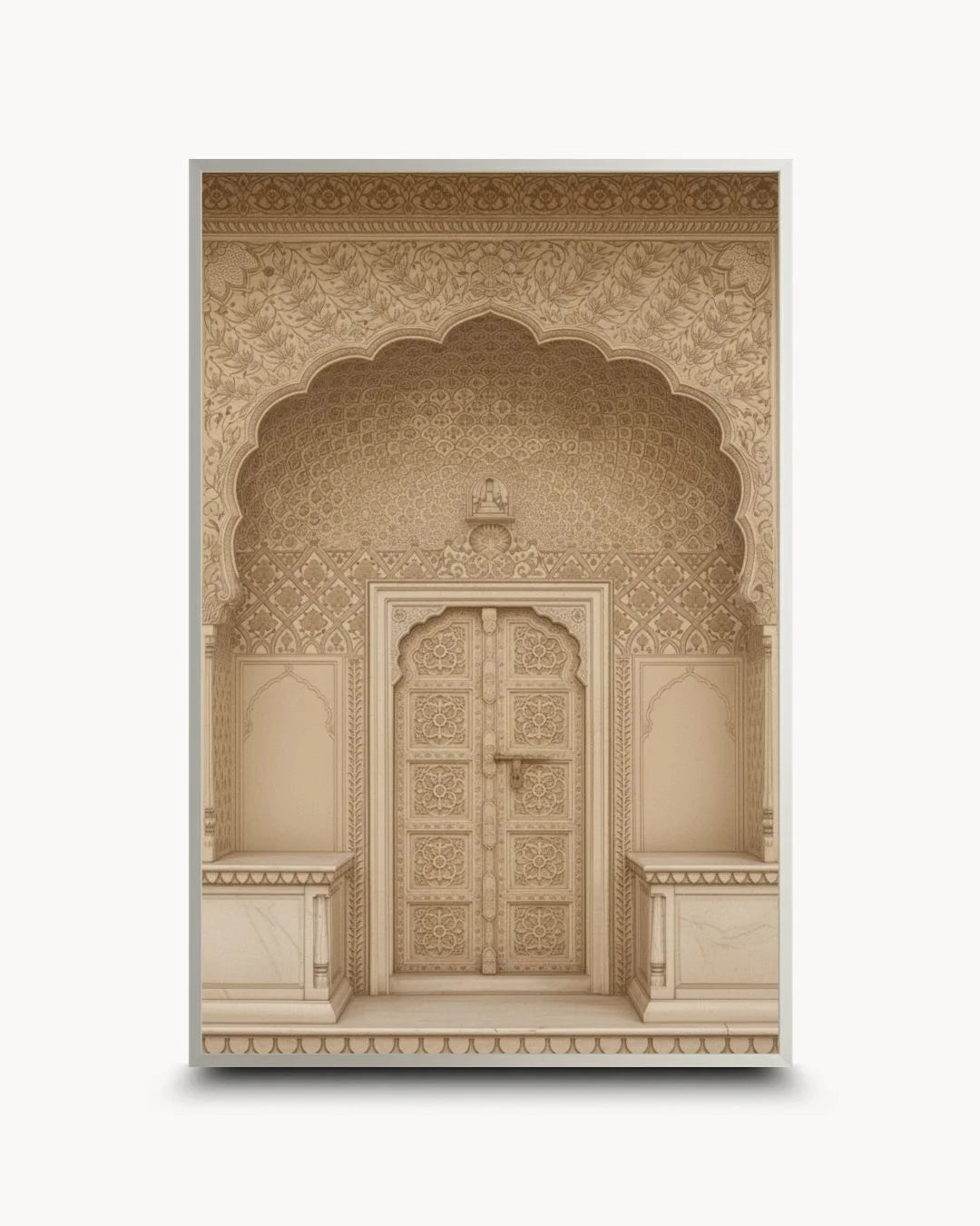 Contemporary styling of a neutral-toned Indian heritage doorway in a sleek Satin Silver frame. Sophisticated cultural art for modern urban spaces.