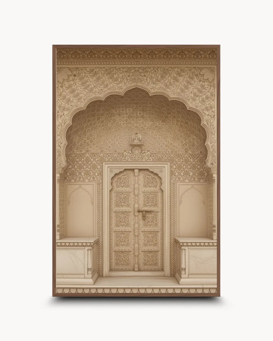 Culture: Entrance - ५ featuring a neutral sandstone heritage door in a warm Walnut Wood frame. A sophisticated balance of heritage and mid-century design.