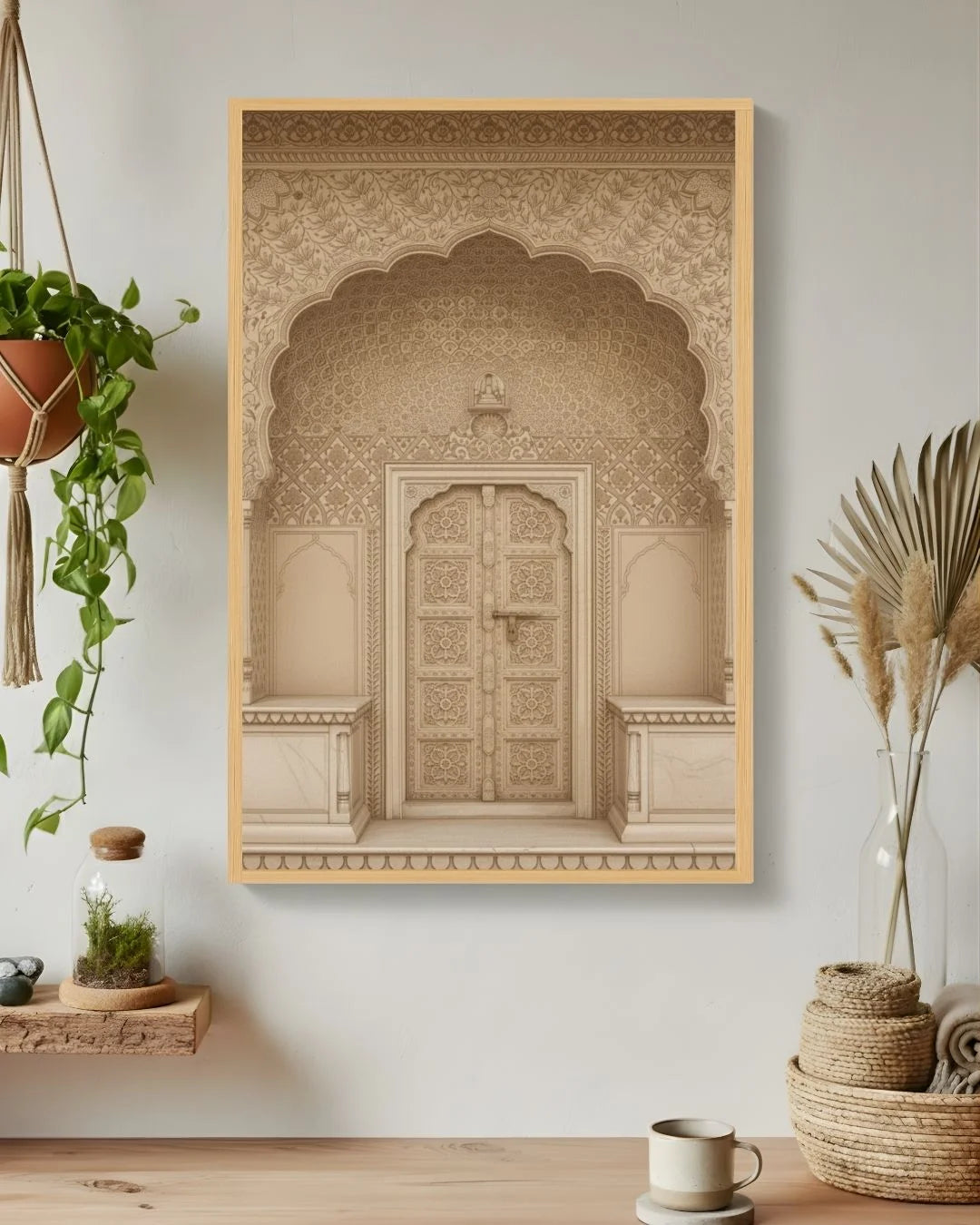 Culture: Entrance - ५ in a 0.5-inch Maple Wood frame, styled in an organic boho living room with hanging ivy and pampas grass.