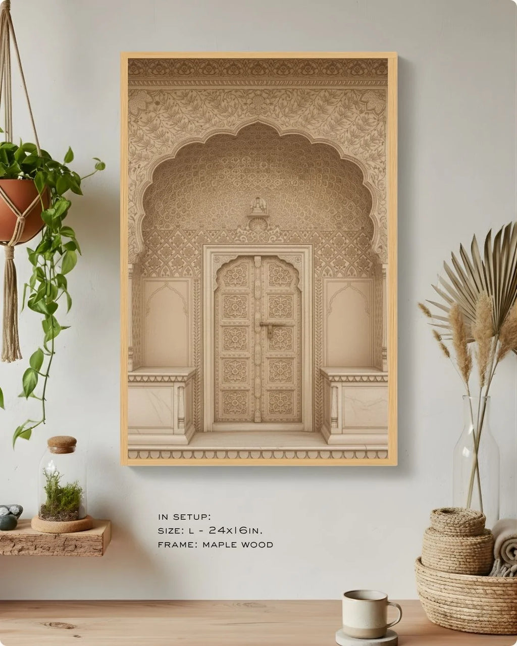 Close-up of the sandstone heritage door print in a Maple Wood frame, showcasing intricate monochromatic carvings against a warm neutral wall.