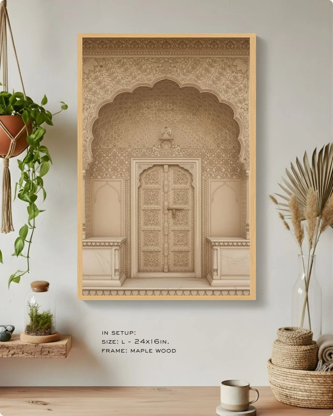Close-up of the sandstone heritage door print in a Maple Wood frame, showcasing intricate monochromatic carvings against a warm neutral wall.