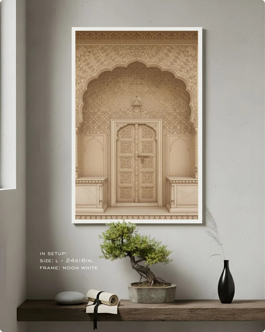 Culture: Entrance - ५ in a Moon White frame, styled on a minimalist wooden shelf with a bonsai tree for a Zen interior aesthetic.