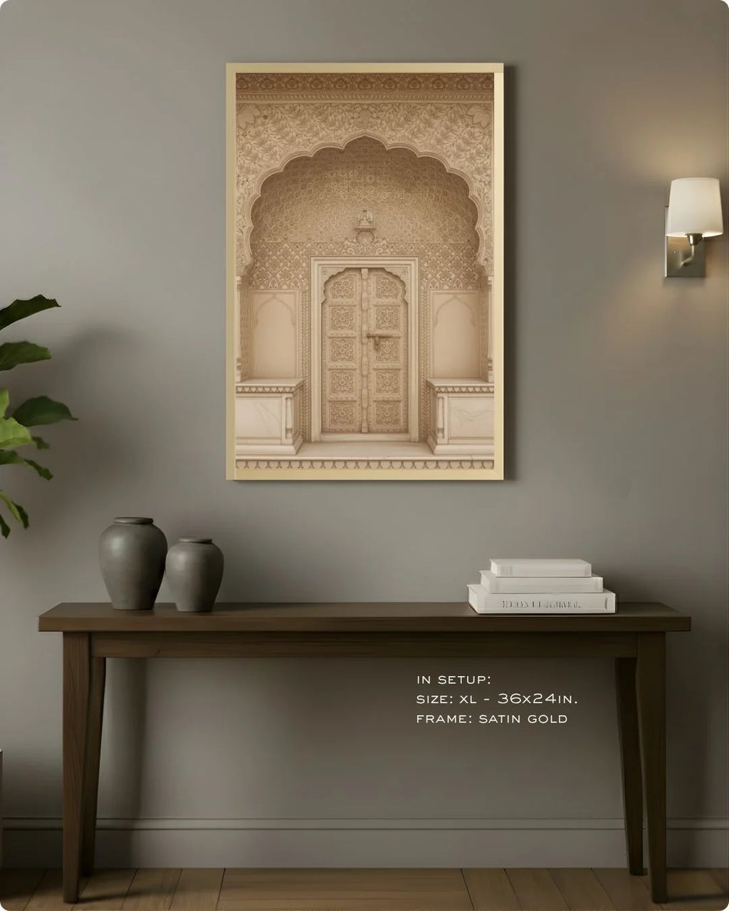 Large (Size L - 24x16in) sandstone heritage doorway print in a Satin Gold frame, styled above a dark wood console table.