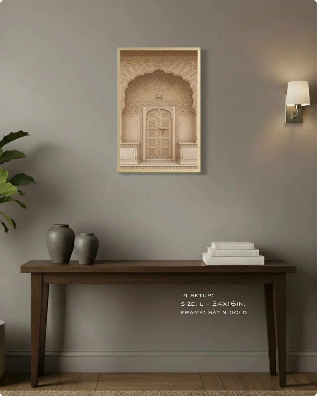 Extra Small (Size XS) mini sandstone heritage doorway print in a Satin Gold frame, elevating a console setup with neutral texture.