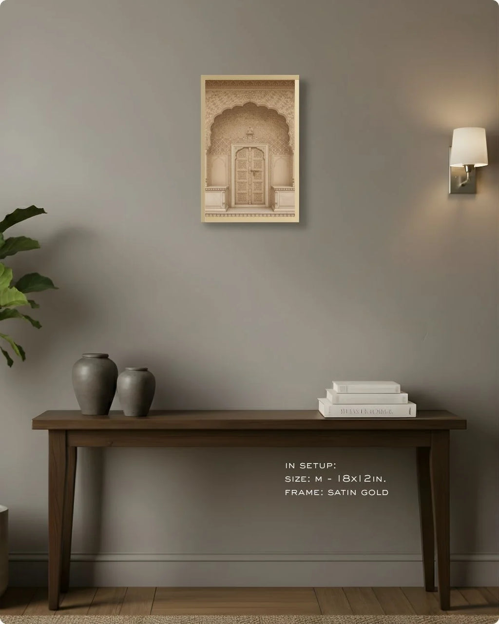 Medium (Size M - 18x12in) sandstone heritage doorway print in a Satin Gold frame, showing perfect hallway decor scale.