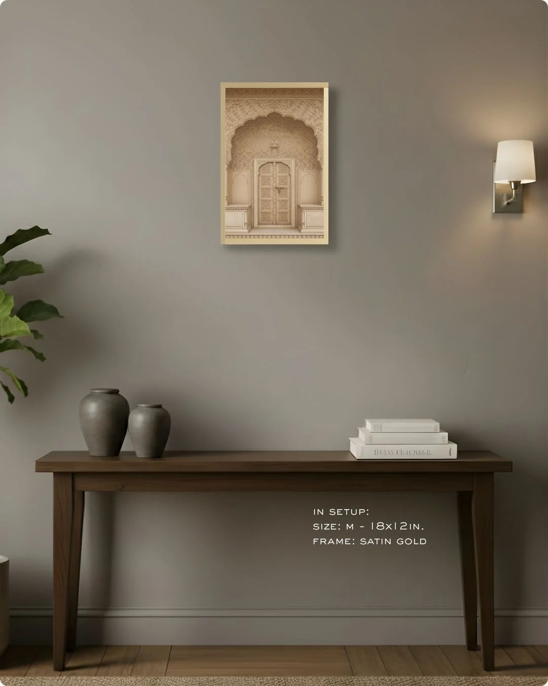 Medium (Size M - 18x12in) sandstone heritage doorway print in a Satin Gold frame, showing perfect hallway decor scale.