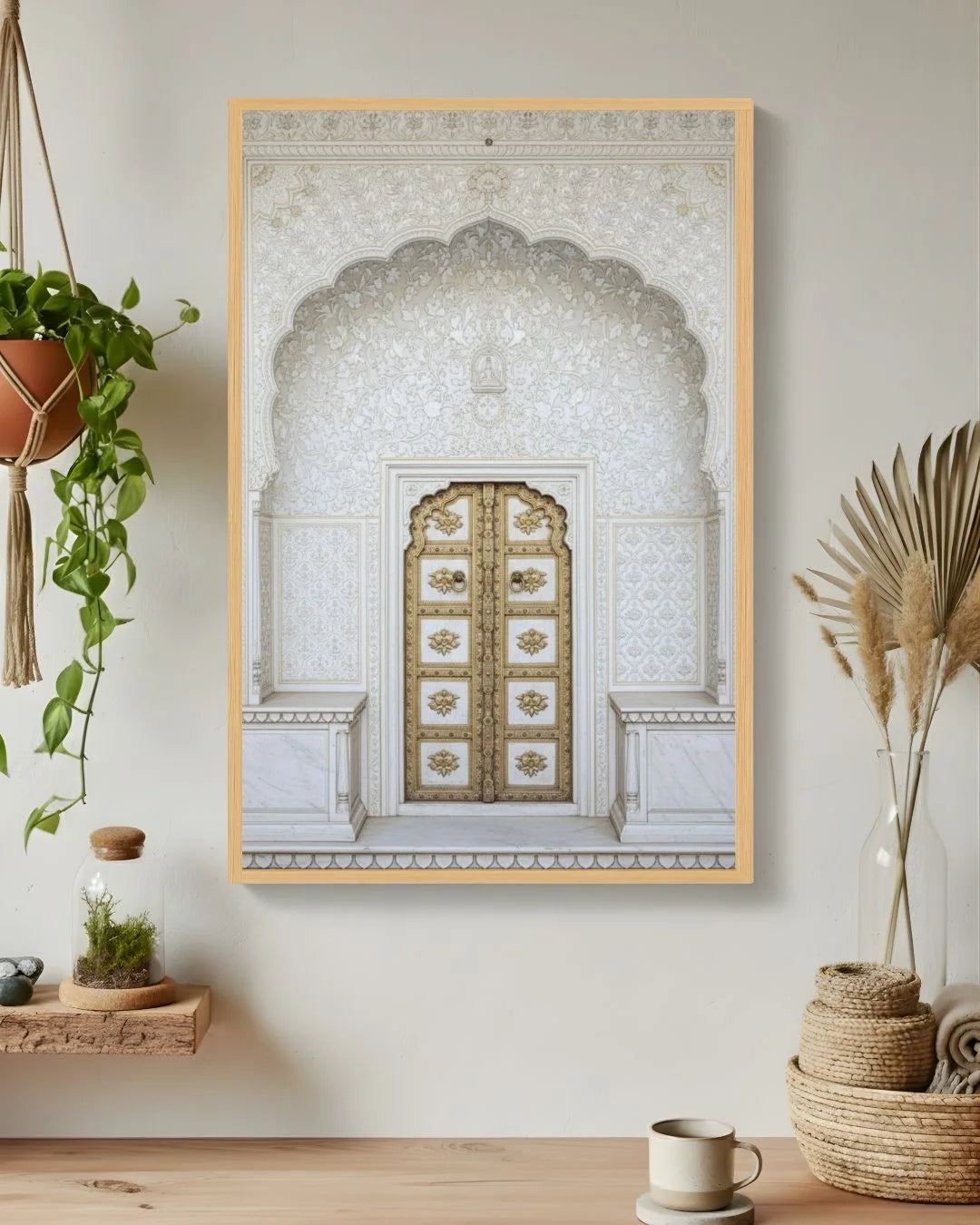 Culture: Entrance - ६ in a 0.5-inch Maple Wood frame, styled in an organic boho living room with hanging ivy and pampas grass.