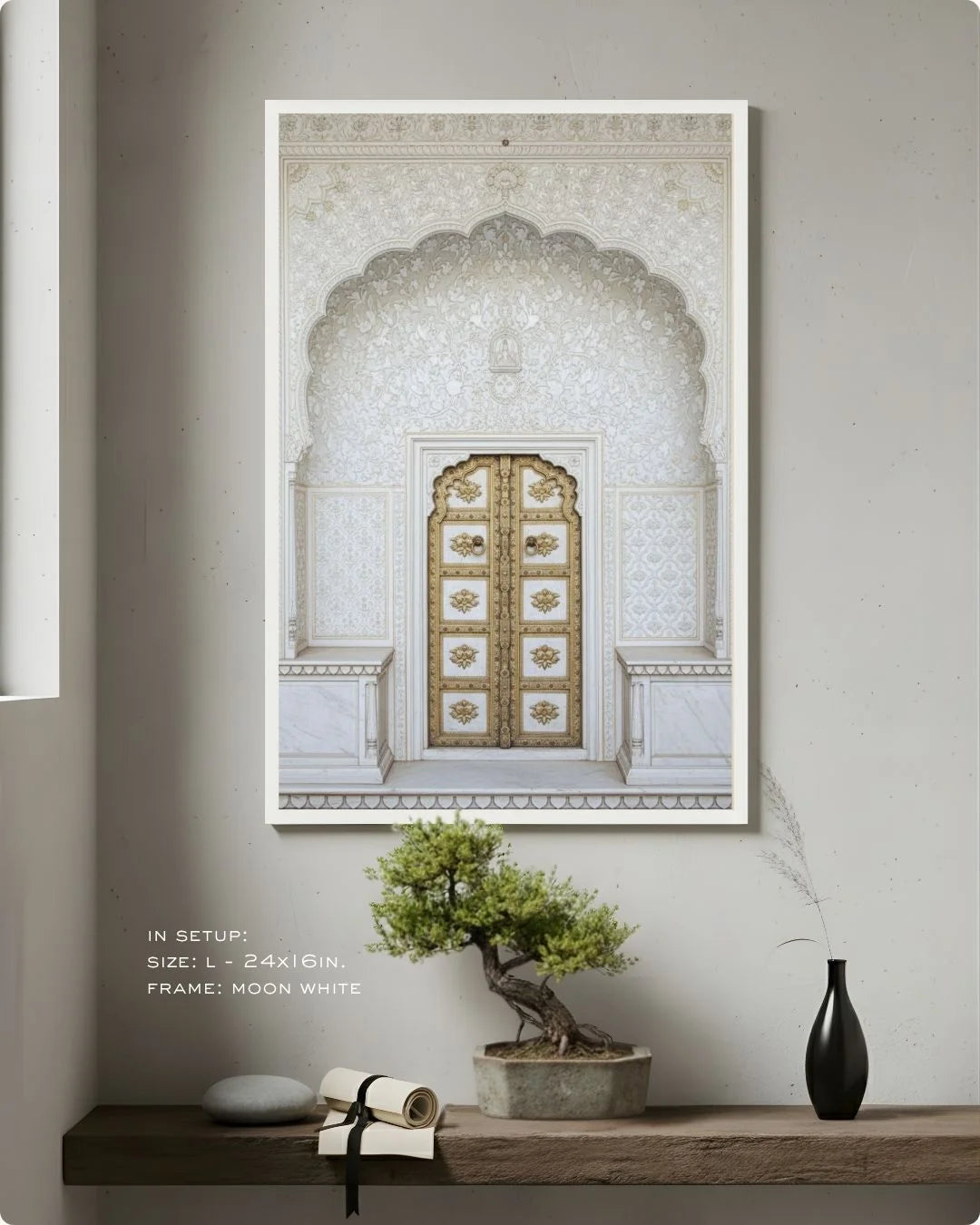 Culture: Entrance - ६ in a Moon White frame, styled on a minimalist wooden shelf with a bonsai tree and black ceramic vase.