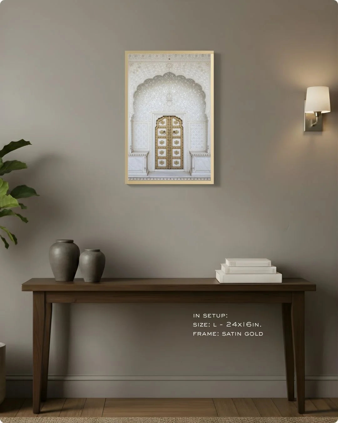 Large (Size L - 24x16in) white marble heritage doorway print in a Satin Gold frame, styled above a dark wood console table for scale.