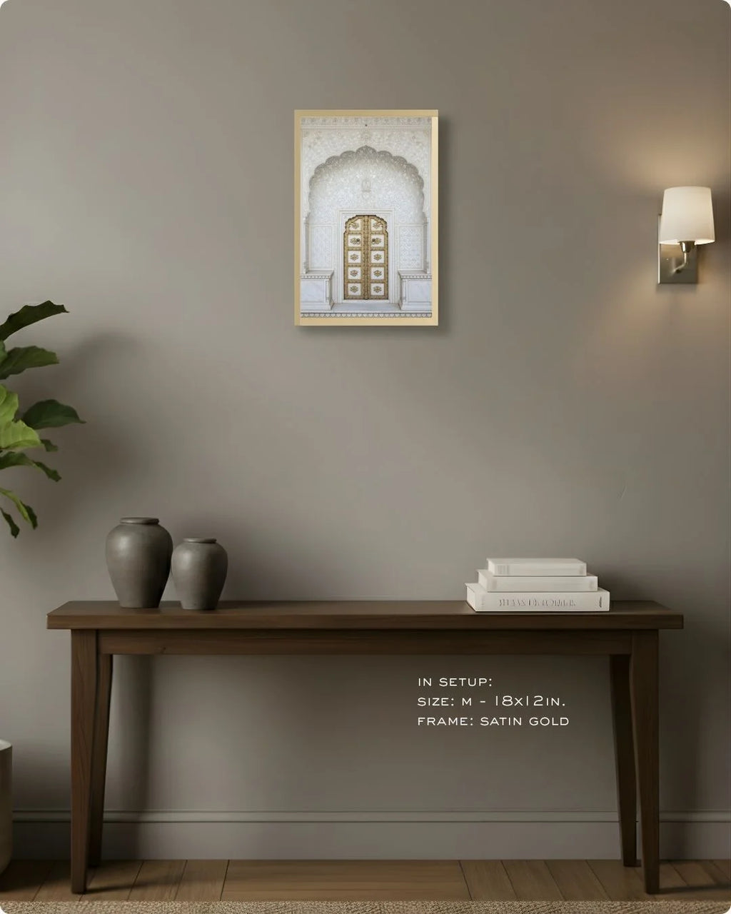 Medium (Size M - 18x12in) white and gold heritage doorway print in a Satin Gold frame, demonstrating hallway decor scale.