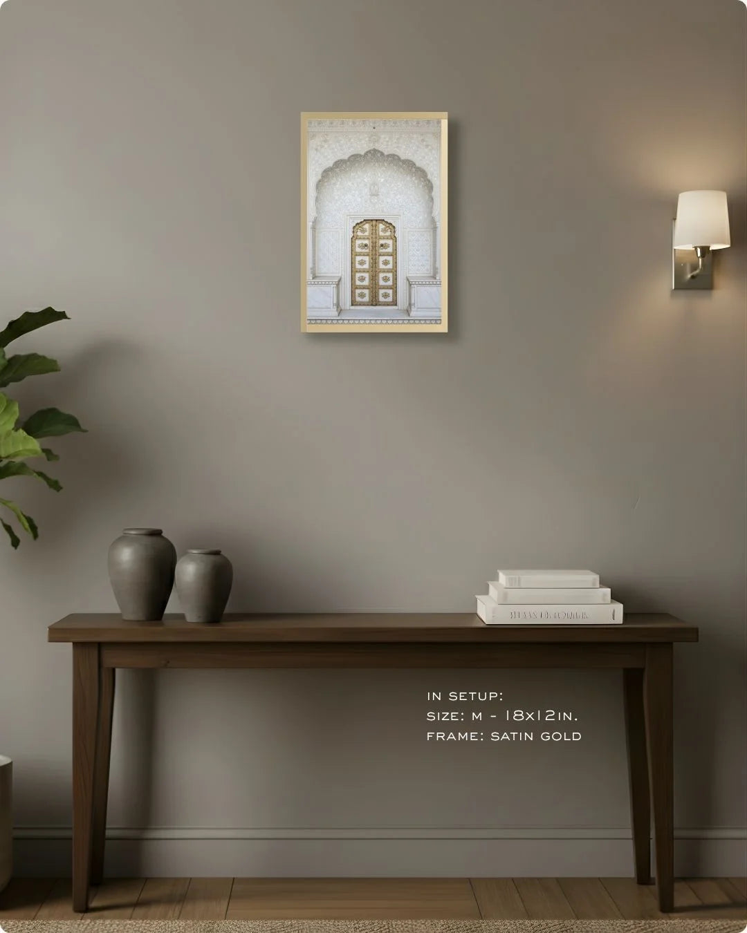 Medium (Size M - 18x12in) white and gold heritage doorway print in a Satin Gold frame, demonstrating hallway decor scale.