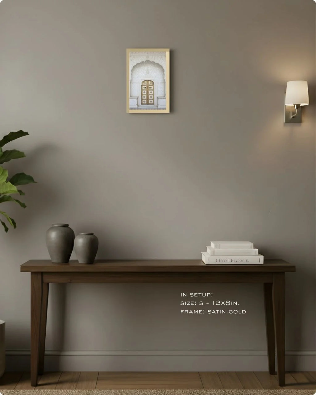 Small (Size S - 12x8in) white marble heritage doorway print in a Satin Gold frame, showcasing how a refined accent elevates a console setup.