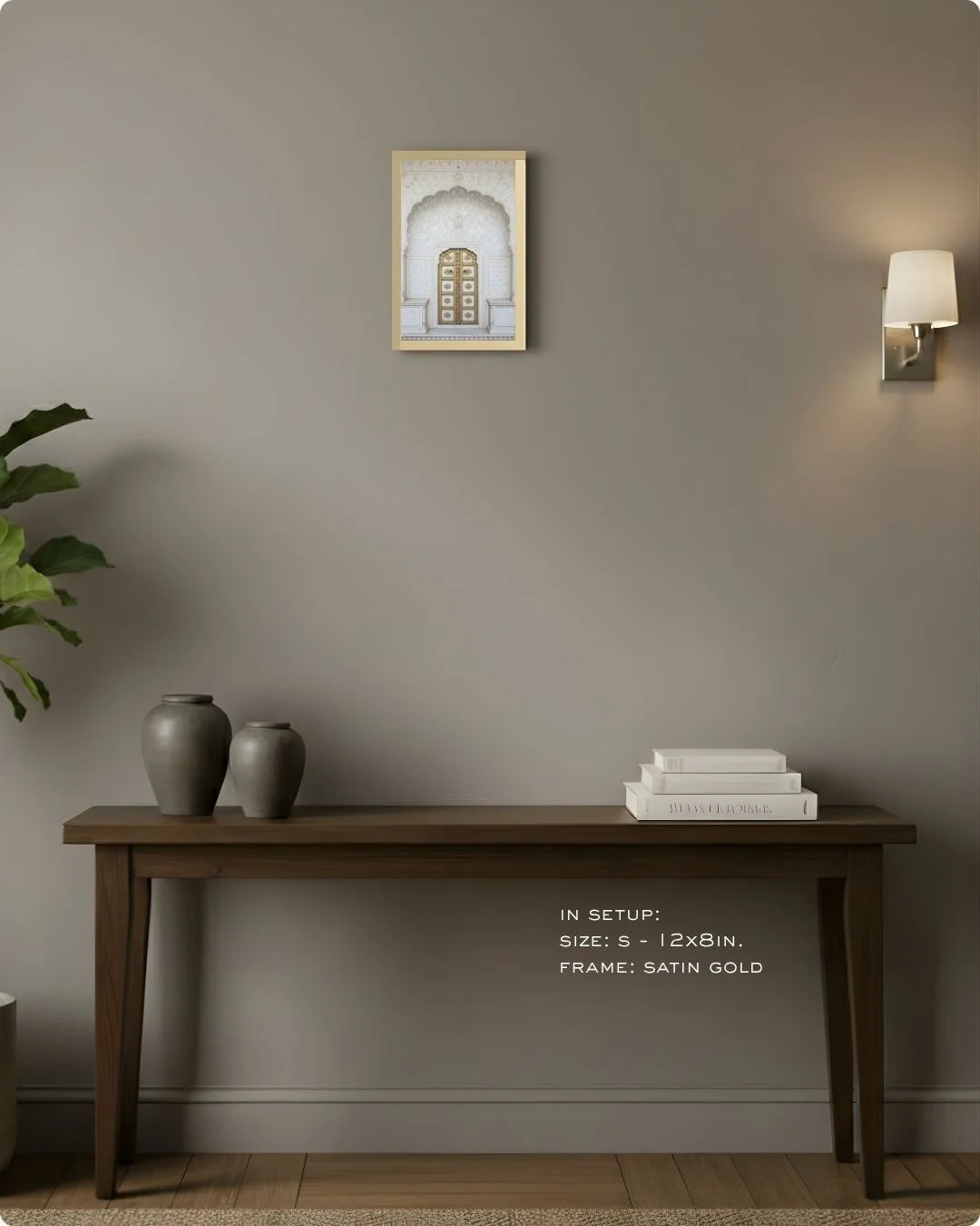 Small (Size S - 12x8in) white marble heritage doorway print in a Satin Gold frame, showcasing how a refined accent elevates a console setup.