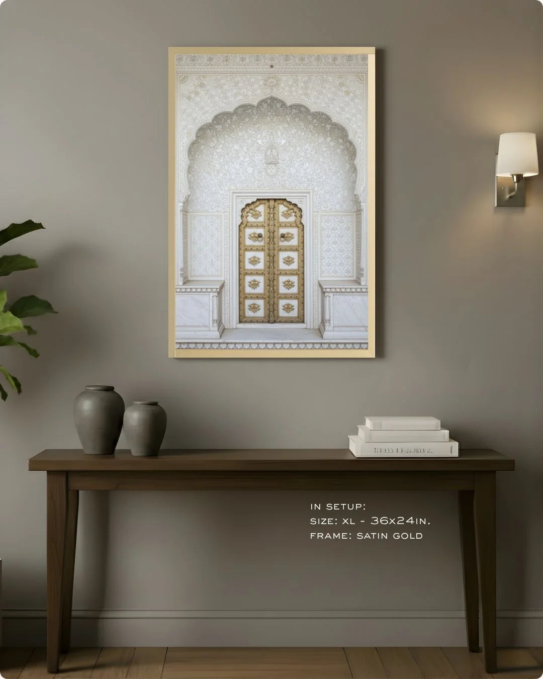Extra Large (Size XL - 36x24in) white and gold heritage doorway print in a Satin Gold frame, styled above a dark wood console.