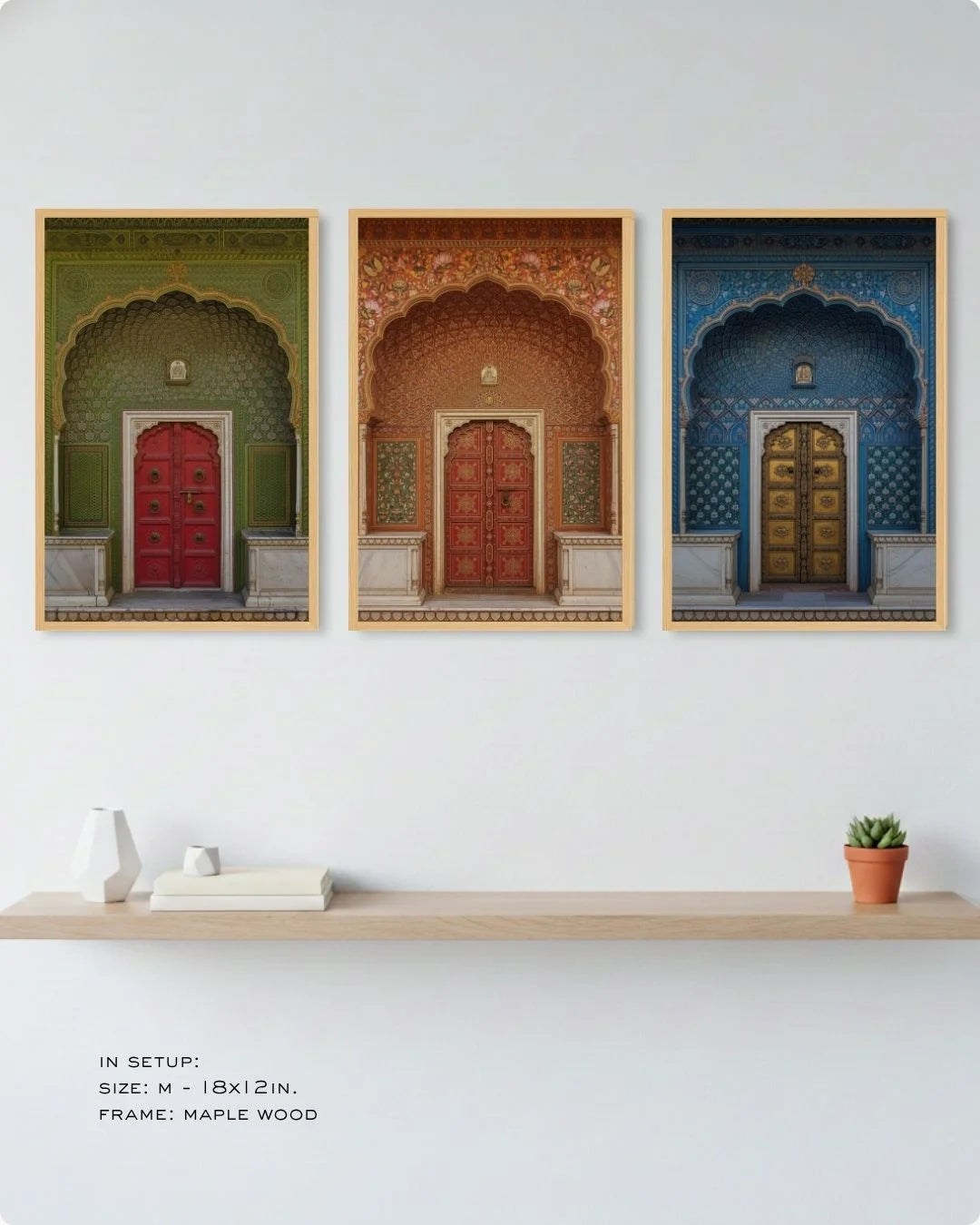 3-piece vibrant Indian heritage doorway gallery wall in Noir Black frames, styled over a modern black fluted sideboard.