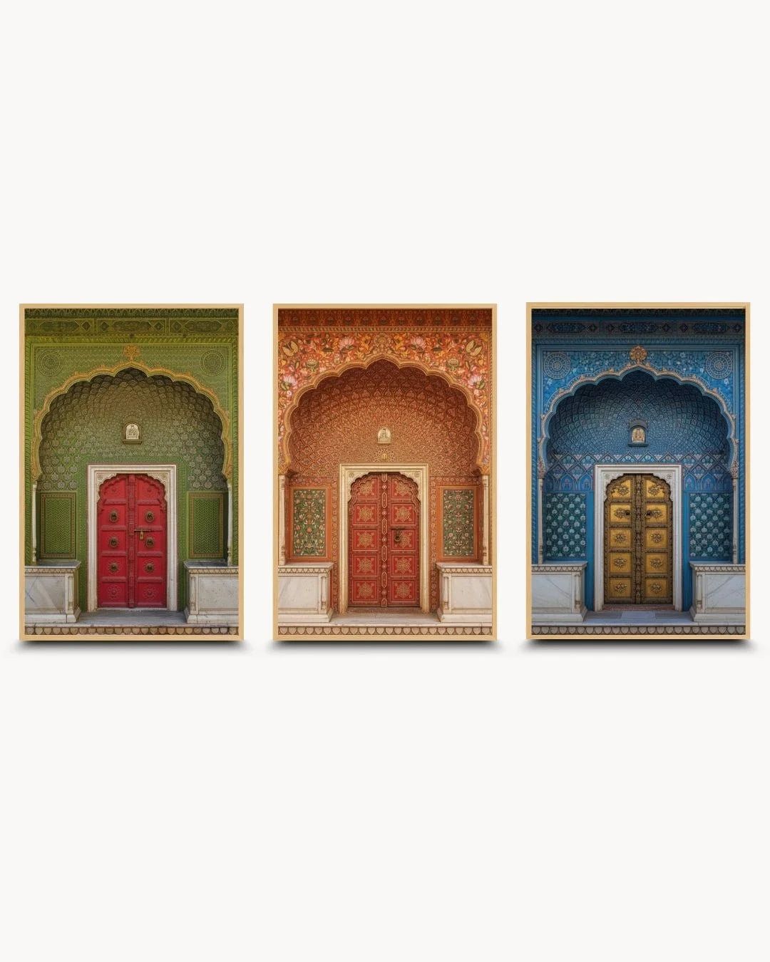 Organic modern styling of a 3-piece Indian heritage doorway gallery wall in natural Maple Wood frames. Earthy, vibrant architectural art.