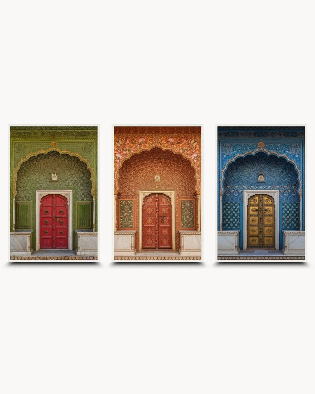 K2C Co. Set of 3 "Culture: Entrance" prints in Moon White frames. High-contrast vibrant heritage doorway triptych for modern minimalist homes.