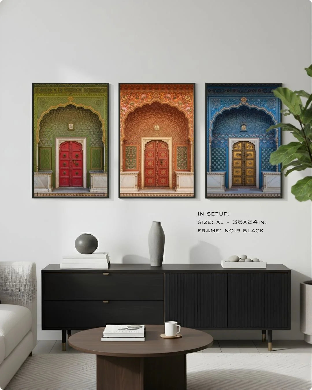 Medium (Size M) 3-piece cultural doorway art set in Noir Black frames, showing scale above a contemporary living room sideboard.