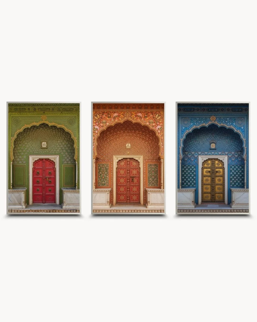 Contemporary 3-piece Indian heritage doorway gallery wall in sleek 0.5-inch Satin Silver frames. Vibrant architectural art for modern urban homes.