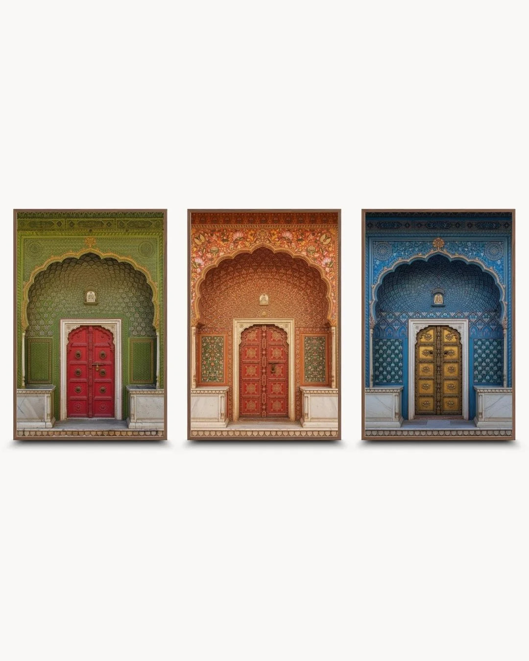 Sophisticated 3-piece heritage doorway triptych in warm Walnut Wood frames. Timeless Indian architectural wall art for mid-century modern spaces.