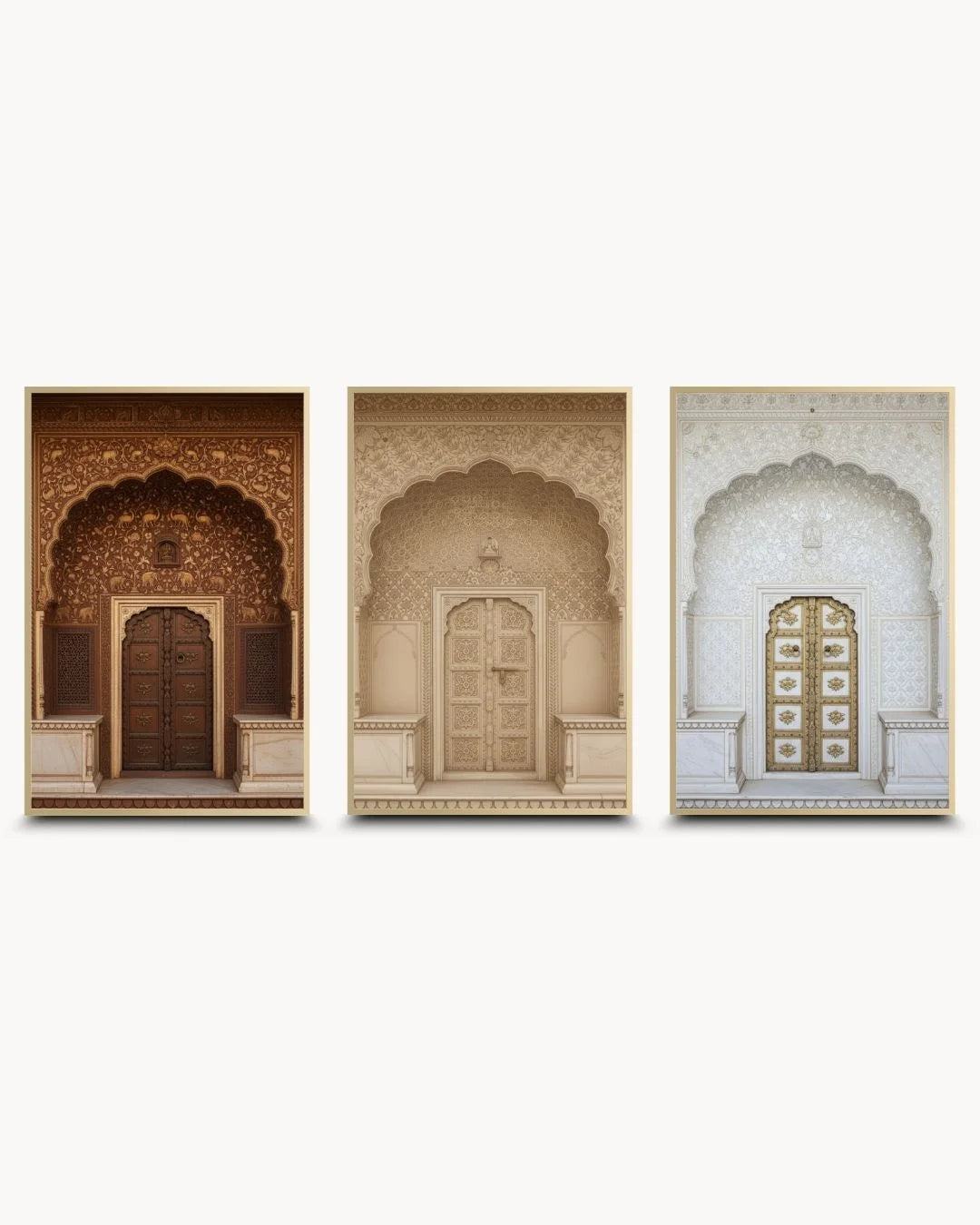 Premium 3-piece heritage doorway set in 0.5-inch Satin Gold frames; high-end neutral-toned architectural wall art by K2C Co.