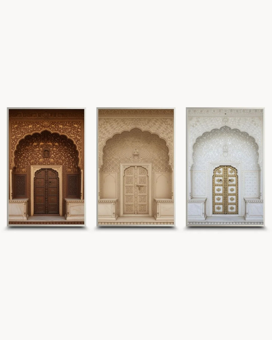 Contemporary Set of 3 Indian architectural prints in sleek Satin Silver frames; sophisticated neutral heritage art for modern urban interiors.