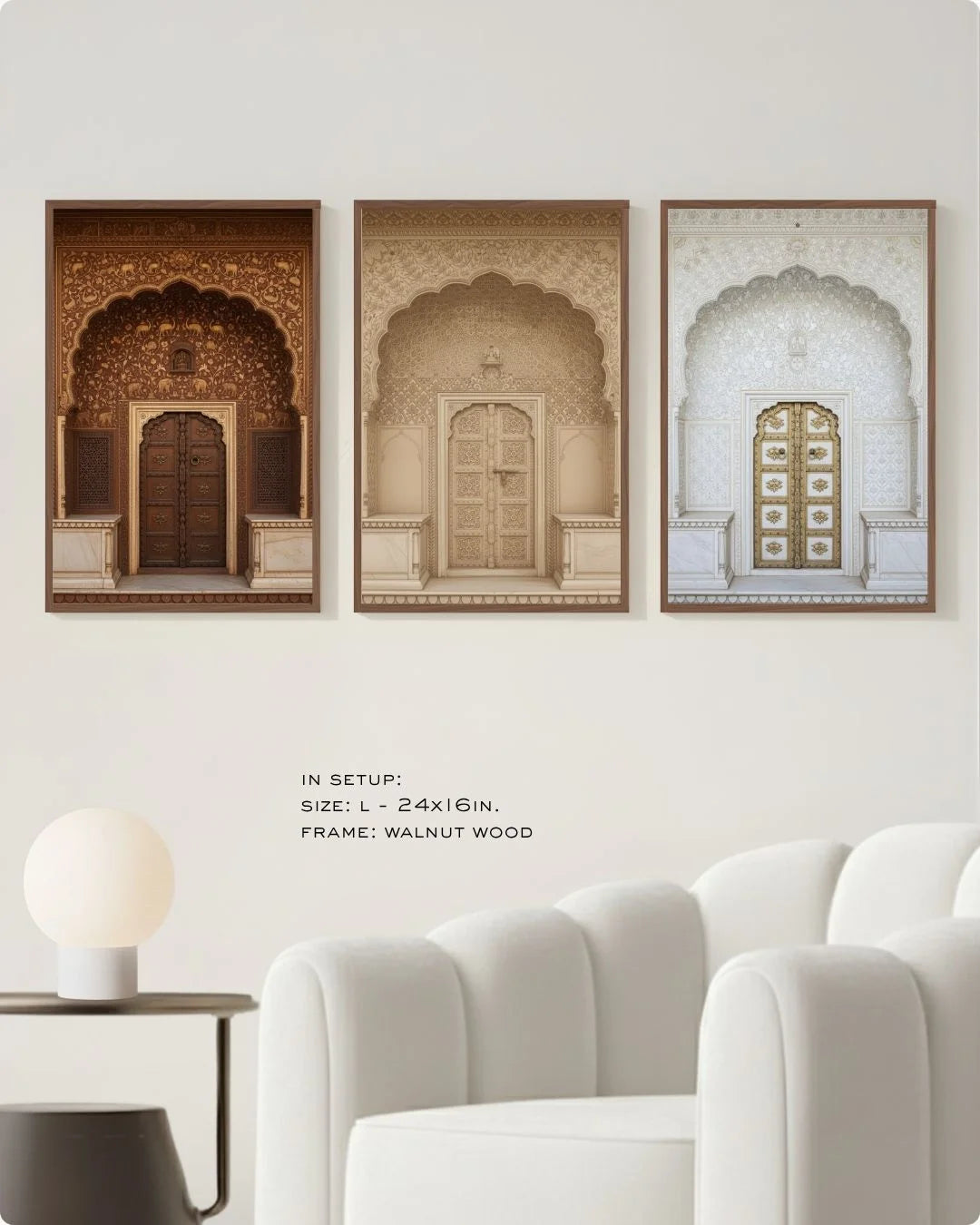 Large (Size L) 3-piece neutral architectural art set in Walnut Wood frames, demonstrating ideal living room gallery wall scale.