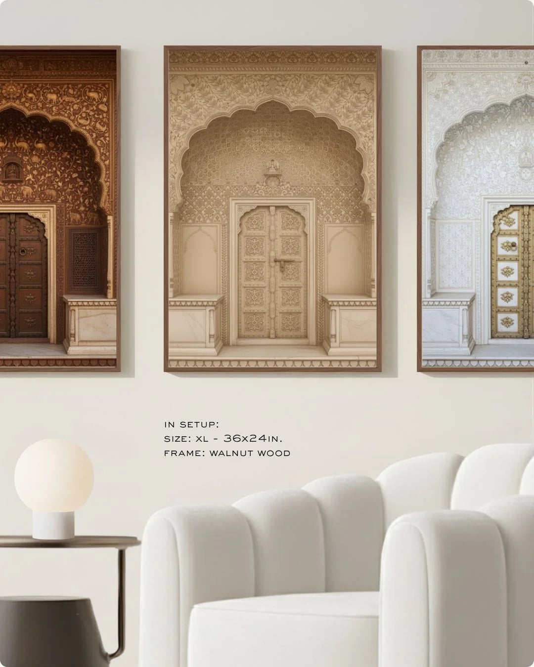 Extra Large (Size XL) 3-piece neutral Indian heritage doorway triptych in Walnut Wood frames, making a luxury statement above a white curved sofa.