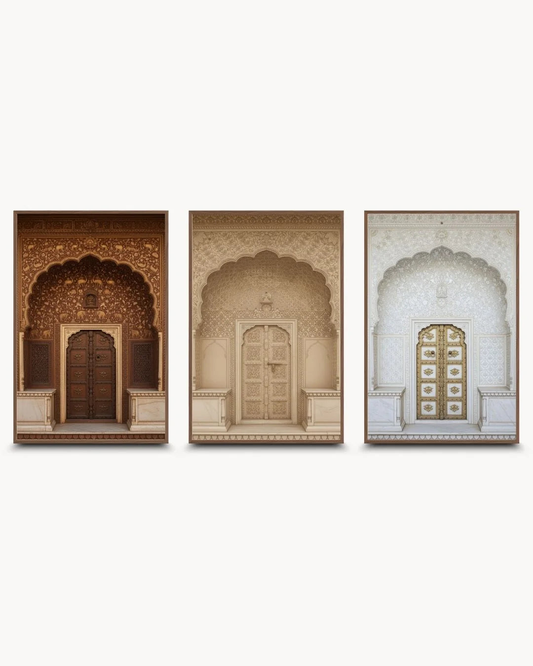 Sophisticated 3-piece Indian heritage triptych in warm Walnut Wood frames; neutral and brown architectural art for a timeless statement.