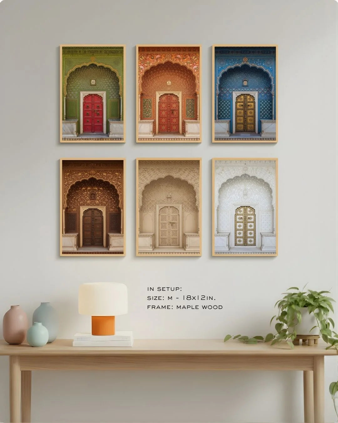 Large (Size L) 6-piece complete heritage doorway gallery set in Maple Wood frames, styled as a massive statement piece over a minimalist console table.