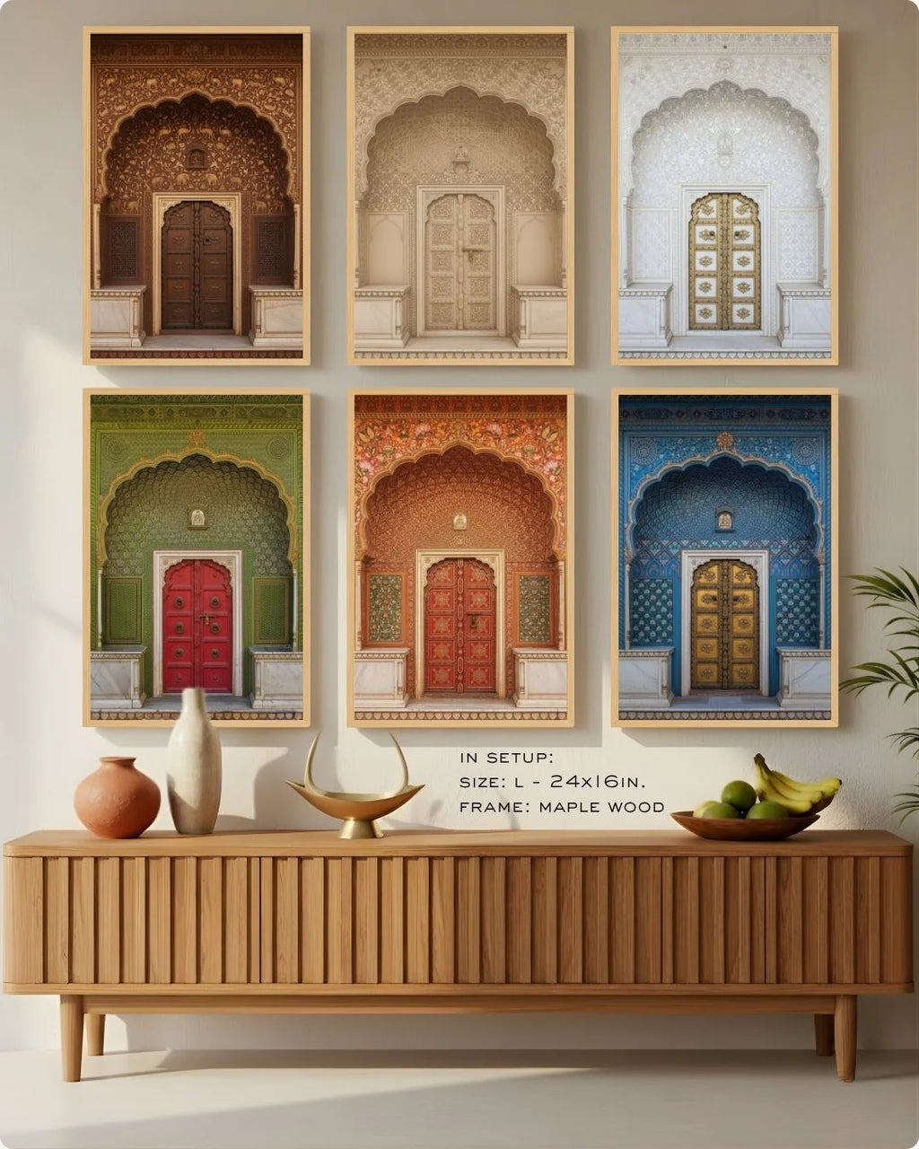 Medium (Size M) 6-piece full cultural art collection in Maple Wood frames, showing scale above a contemporary living room sideboard.