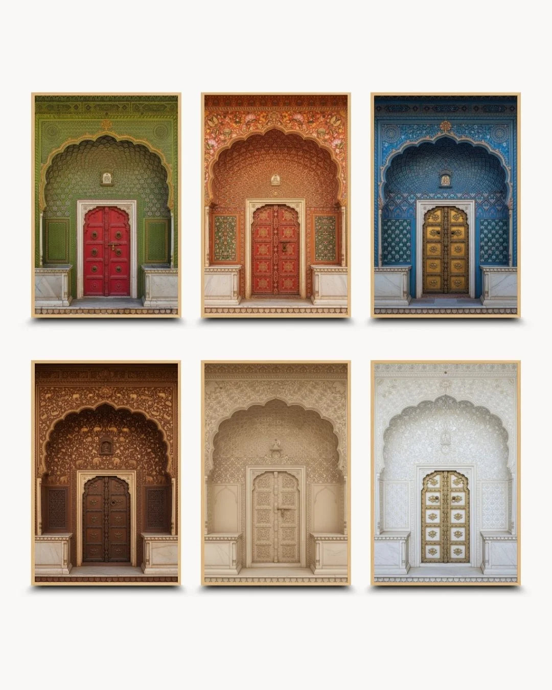 Organic modern 6-piece Indian heritage doorway art set in natural Maple Wood frames; complete architectural wall art collection for Japandi decor.